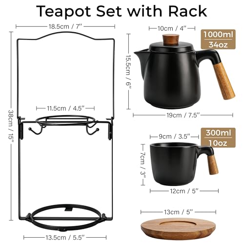 MIAMIO - Teapot Set with 4 Cups & Rack (34/10 oz) with Infuser (Black) - color: Black