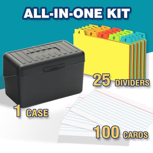 H4D 3x5 Index Card Holder with 100 Index Cards and 25 Dividers, Black - color: Black, size: 3"x5"