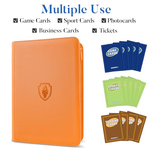 Premium Zip Card Binder, Fabmaker 9 Pocket Trading Card Binder PU Cover - color: Orange, size: 9 Pocket - 13.9" x 10.5"