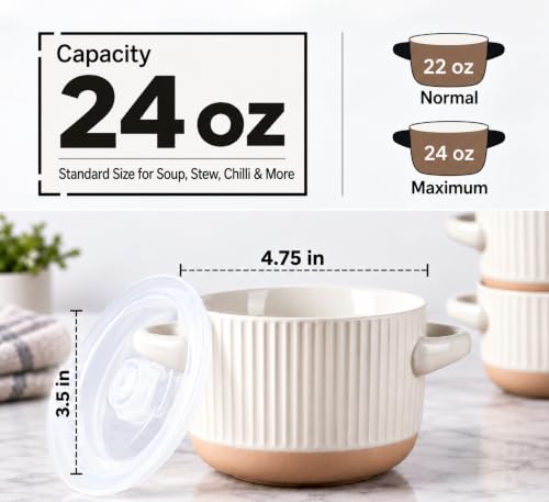 AmorArc 24 oz Soup Bowls with Lids, Ceramic Soup Containers with Handle - color: Light Beige(Line ), size: Set of 2