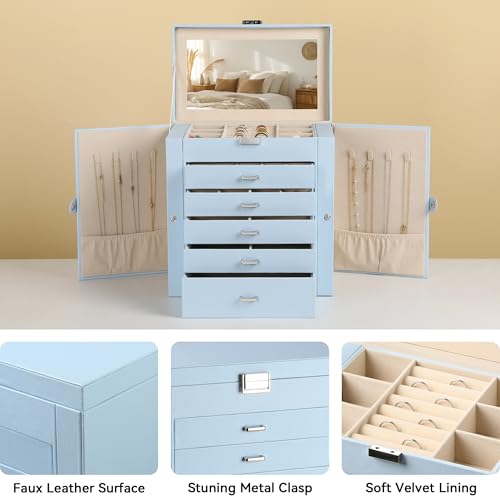 Frebeauty 6-Layer Jewelry Box for Women,Large Jewelry Organizer with Drawer - color: Sky Blue, size: Large