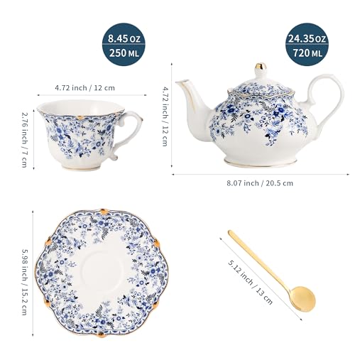 TATSUMI Country Roses Porcelain Tea Set, European Ceramic tea set for one or two,Vintage Style, For Women and Tea Parties (BLUE, 7 Pieces Set) - color: Blue, size: 7 Pieces Set