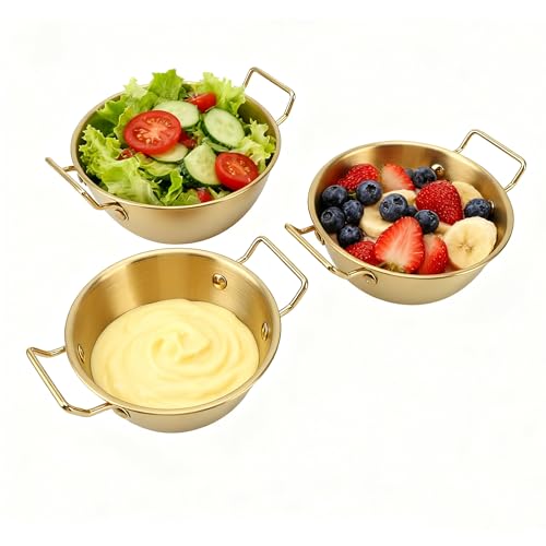 3Pcs Stainless Steel Sauce Dishes with Handles, Korean Golden Dipping Bowls
