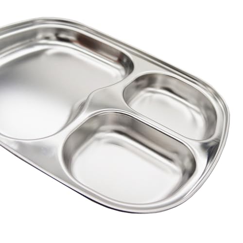 Korean Stainless Steel Divided Plates for Toddlers, Kids, Babies, Premium 304, Electro-Polished, No Black Residue, BPA-Free, 3-Compartment Plate, Food Tray for Camping, Balanced Meals, Set of 2 - size: 3 Compartments
