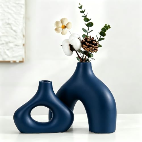 CEMABT Blue Ceramic Vase Set of 2 for Modern Minimalist Bohemian Decor，Round Matte Donut Vases for Pampas Grass-Perfect for Living Room, Dining Table, Office Bedroom Shelf Decor Entryway, Console - color: Blue