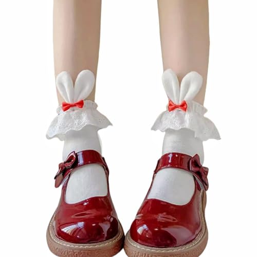 Cute Lolita Rabbit Bunny Ears Socks for Women & Teen Girls - Lace Bow Short Novelty Ankle Socks - color: Red