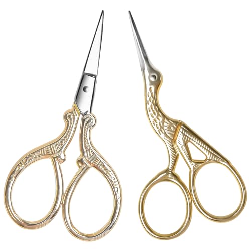AQUEENLY Embroidery Scissors, Stainless Steel Sharp Stork Scissors for Sewing Crafting, Art Work, Threading, Needlework - DIY Tools Dressmaker Small Shears - 2 Pcs (3.6 Inches, Gold) - color: Gold