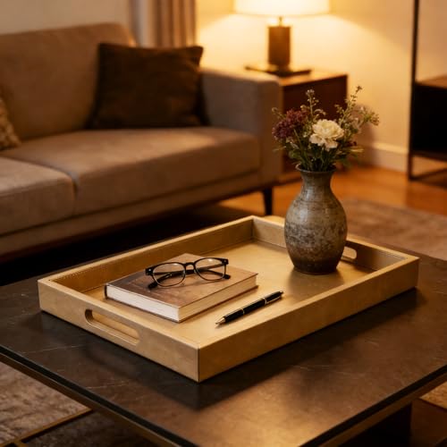 18 x 12 inches Leather Ottoman Serving Tray with Hole Handles, Rectangle Modern Service Tray for Living Room, Coffee Table, Bed, Tea, Food, Butler Countertop, Kitchen, Dinner, Picnic (Brown) - color: Brown, size: 18" x 12" x 2"