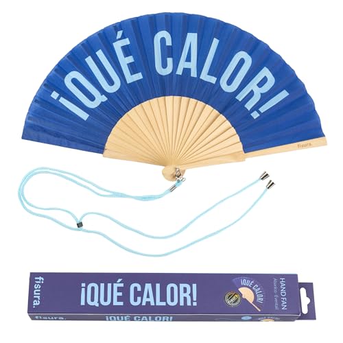 Fisura – Original blue folding fan with message Qué calor, wooden handheld fan for women, includes hanger, perfect for wedding, party, travel, gift or summer decoration - color: Qué Calor, Blue