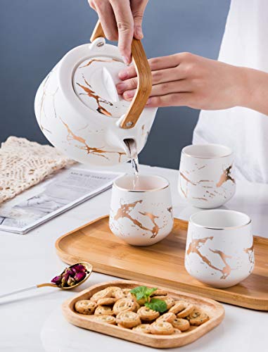 Serve of 4-Marble Porcelain Teapot Set with Infuser for Loose Tea, White - color: White