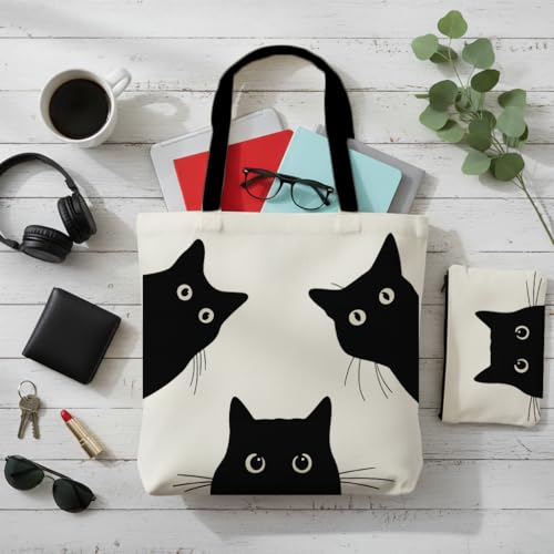 Aesthetic Canvas Tote Bag for Women – Minimalist Open-Top Design, Perfect for Books, Daily Errands and Gifting. - color: Peeking Cats