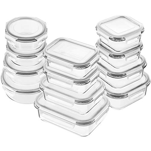 24pc Glass Food Storage Containers, Locking Lids，Glass Meal Prep Containers - color: White