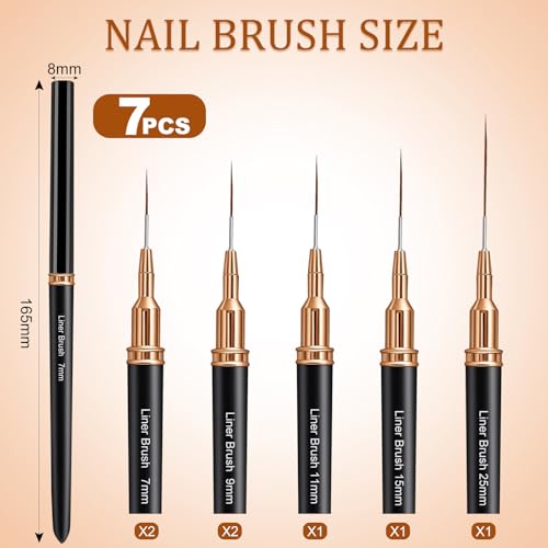 7PCS Metallic Nail Art Brushes Set, 7/9/11/15/25mm Liner Brush For Nails Gel, Super Fine Painting Art Design Pen for Long-Line Patterns, Detailed Outlines, Geometric Shapes (Black)