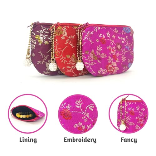 Handmade Women Coin Purse Brocade Zipper Wallet Rosary Pouch Silk Jewelry Bag - Magenta - color: Magenta