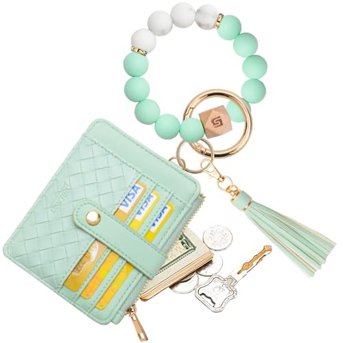 COOLANS Silicone Bracelet Wristlet Wallet Credit Card Holder RFID ID Window Key Ring Tassel Slim Wallet Women Keychain Purse - color: Light Green