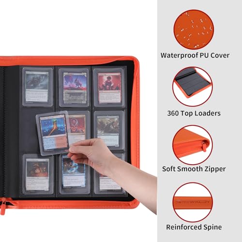 Snekdy Top loader Binder, 9 Pockets Top Loader，Holds 360 Top Loaders cards, Card binder with Sleeves for card in 3 x 4 inches color smooth Zipper PU Leather (Orange) - color: Orange