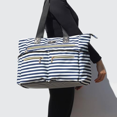 Weekender Bag Carry On Bag Overnight Tote Travel Duffle with 13 Pockets for Travel,Work，Gym,Beach,Teacher,Nurse - color: Navy white