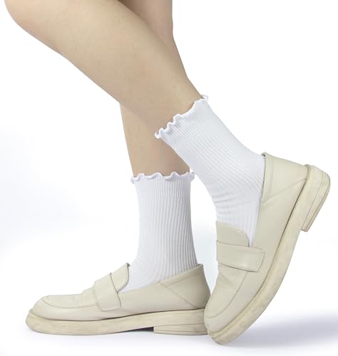 BomKinta Ruffle Socks Women Turn-Cuff Frilly Sock Cotton Crew Socks - color: All White