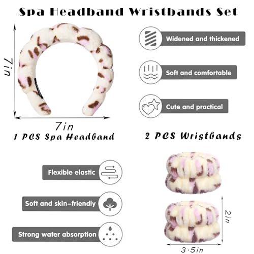 Tetizo Spa Headbands for Washing Face Wristband Set Sponge Makeup Skincare Headband Wrist Towels Bubble Soft Terry Towel Cloth Hairband for Women Puffy Headwear Non Slip Thick Thin Hair Headwear - color: Leopard Pink