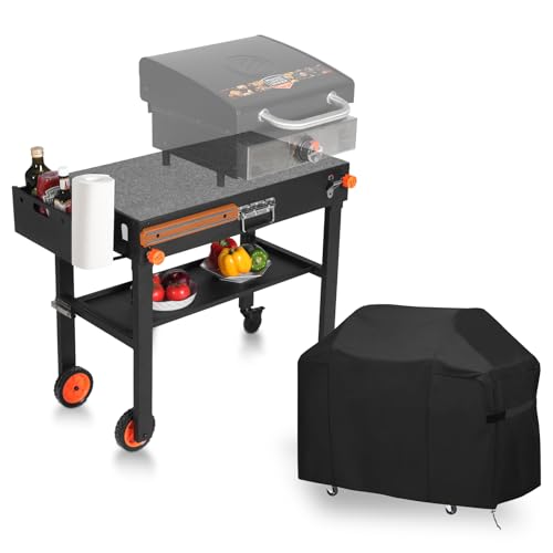 Grill Table with Cover, Folding Grill Stand Solid and Sturdy - color: Black-with Table Cover
