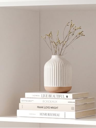 Boho Farmhouse Small Ceramic Vase for Pampas Grass & Flowers - 5.3 Inch Rustic White Vase, Centerpiece for Eucalyptus, Tiny Stems & Bouquets with Embossed Lines - color: Line