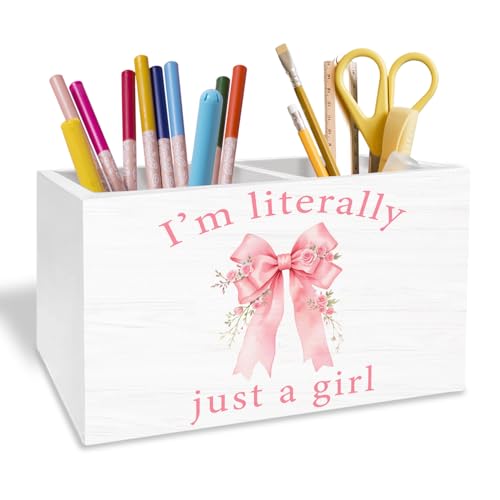 Pink Rose Coquette Bow Pen Holder for Desk, Preppy Girly Bow Pencil Organizer, I'm Literally Just a Girl Wooden Box Sign Desk Decor for Girls Bedroom Dorm Home Office Decoration - color: ROSE BOW
