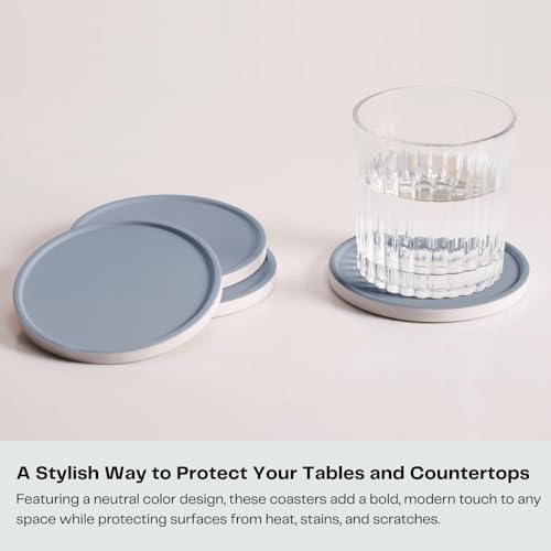 Set of 6 Dusty Blue Coasters with Holder, Absorbent Ceramic Drink Coasters with Cork Backing for Table Protection, Table Decor, Housewarming Gifts - color: Dusty Blue
