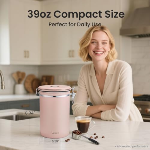 Veken Coffee Canister,39OZ, 2.2lbs,Large Airtight Stainless Steel Container - color: Pink, size: 39 oz