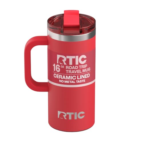 RTIC 16oz Road Trip Travel Mug with Lid and Handle, Ceramic Lined, Flag Red - color: Flag Red, size: 16 Ounces