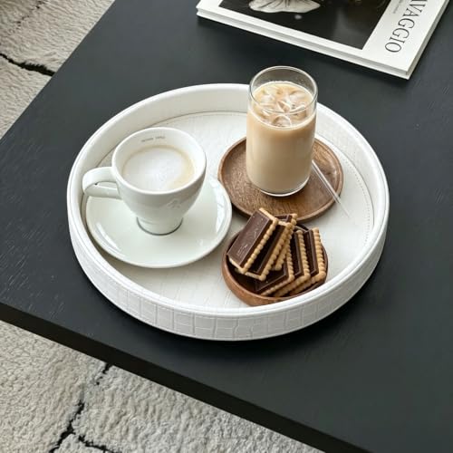 HofferRuffer Faux Leather Round Serving Tray, Vegan Croco Leather Decorative Food Tray for Storage Drinks, Snack & Cosmetics, Dia.12'' x 1.6'' (White Croco, 12'') - color: White Croco, size: 12"