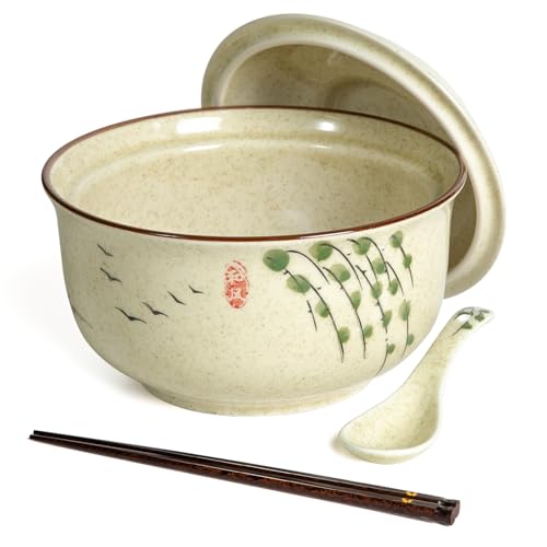 Ceramic Ramen Bowl Set Ramen Noodle Bowl with Lid 27oz Japanese Retro Style Soup, Pho, Udon Bowls, Matching Spoons and Chopsticks for Microwave & Dishwasher Safe, Twig - color: Twig, size: 1 PC