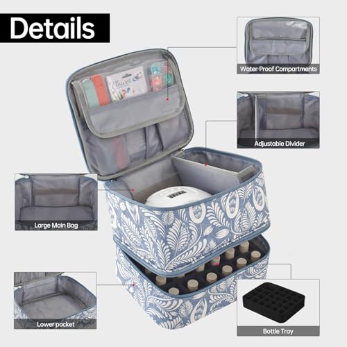 Buruis 2-Tier Nail Polish Bag, Nail Supplies Organizer, Light Blue Leaf - color: Light Blue Leaf