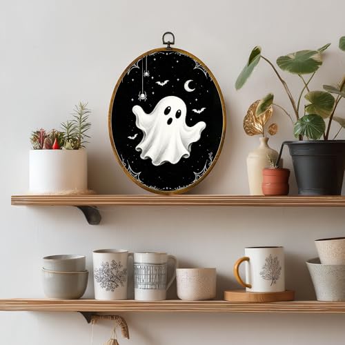 Black White Ghost Oval Wall Art, Framed Canvas Decor, 8.5x11.5 Inch - color: Simple Ghost Bat Spider Black