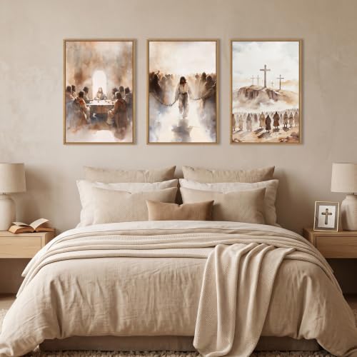 LHIUEM Large Jesus Neutral Framed Canvas Wall Art Set,Christ Church Wall Decor,Christian Bible Story Religious Easter Last Supper Artwork for Living Room,Churches,Prayer Room Decor- 16''x24''x3 - color: Neutral Jesus Wall Art, size: 24"L x 16"W