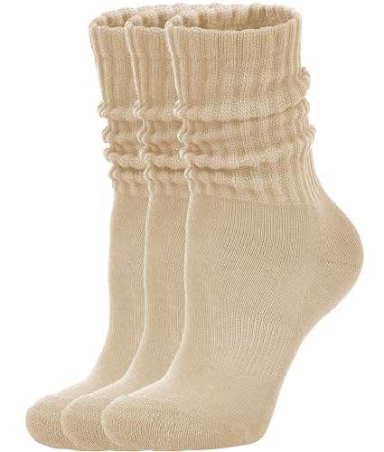 AugRing Women's Scrunch Crew Socks Retro 3-Pack Solid Cotton Boot Calf Chunky Ribbed Cozy Slouchy Socks Size 5-11 - color: 3 Pack Beige