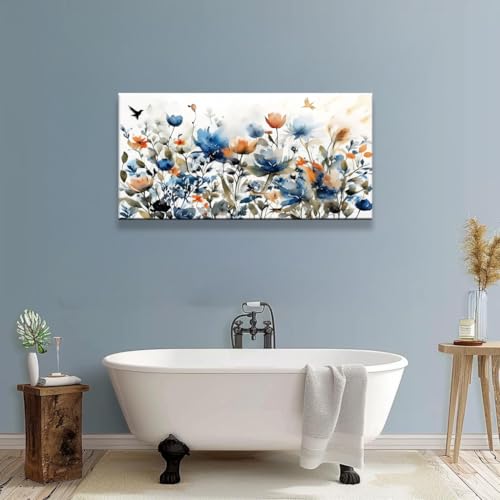 KZKU Watercolors Floral Canvas Wall Art Prints for Home Decor Living Room Dining Room Bedroom Office Wall Decor Multicolored Flowers Canvas Artwork Size：20x40inch - color: Blue and orange flowers, size: 40"L x 20"W