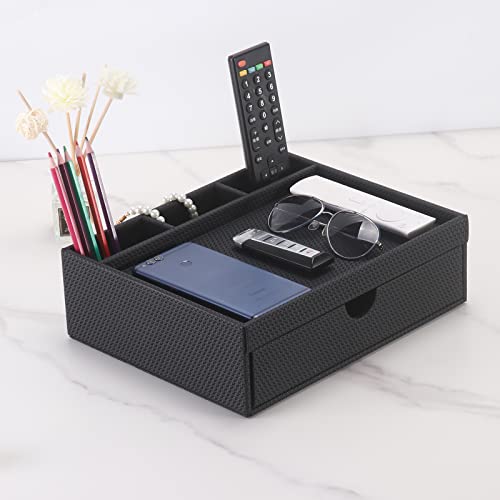 Leather Desk Organizer With Drawers, Home Cosmetics Organizer, Phone Remote Organizer, Drawer Plus Divider & Tray (black) - color: black