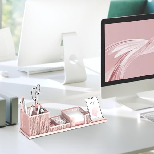 Pen Holder for Desk, 6-Piece Mesh Desk Organizer with Phone Holder, Pink - color: Pink
