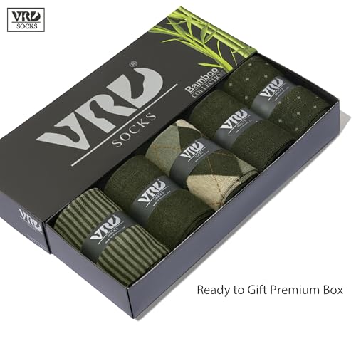 VRD Men's Dress Socks Bamboo Rayon, 5-Pack Crew Socks, Multiple Colors and Designs, Shoe Size 8-13, Gift Box - color: 08: Green, 5-pack Mix (2 Solid, 1 Striped, 1 Dotted, 1 Argyle)