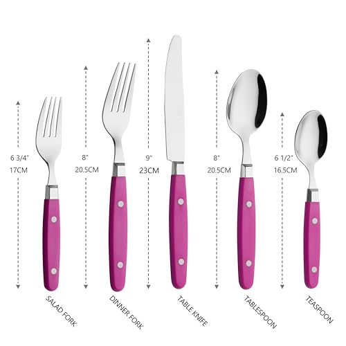 ANNOVA Silverware Set Stainless Steel Cutlery Color Handle With Rivet/Retro Flatware (Pink, 20 Pieces) - color: Hot Pink
