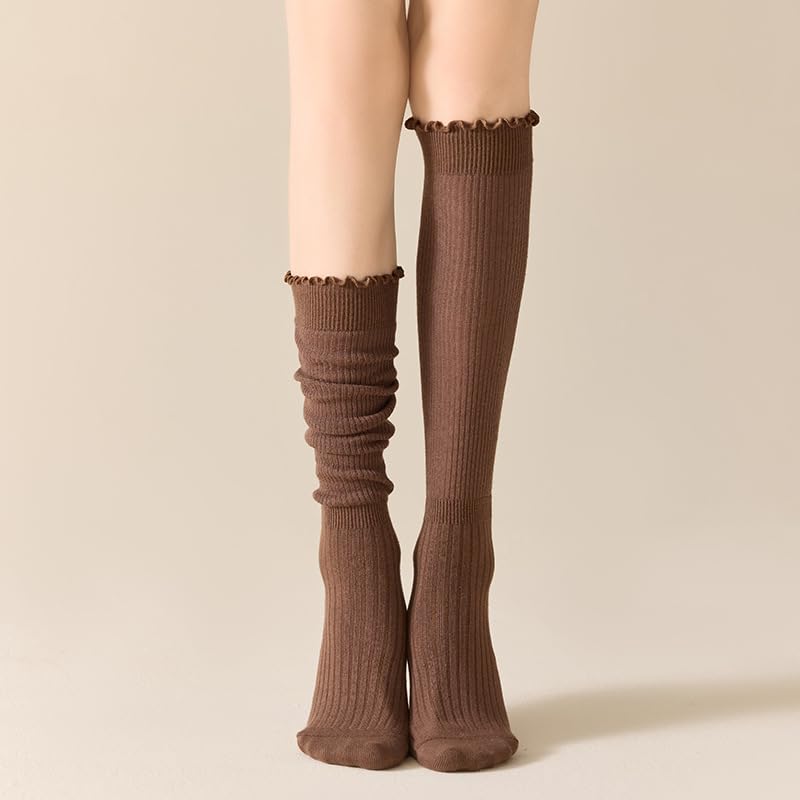 Moonlik Women Ruffle Knee High Boot Socks, Turn Cuff Knit, Breathable Cute Frilly Lettuce Dress Socks, 3 Pairs - color: Black Light Grey Coffee