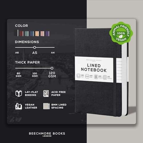 BEECHMORE BOOKS Premium Lined Leather Journal for Men & Women, 5" x 8" (A5) Thick 120gsm Ivory Cream Paper Notebook, Hardcover Vegan Leather Personal Diary, With Gift Box (Charcoal Black) (Pack of 2) - color: Charcoal Black, size: A5 - 5.8" x 8.3" Medium