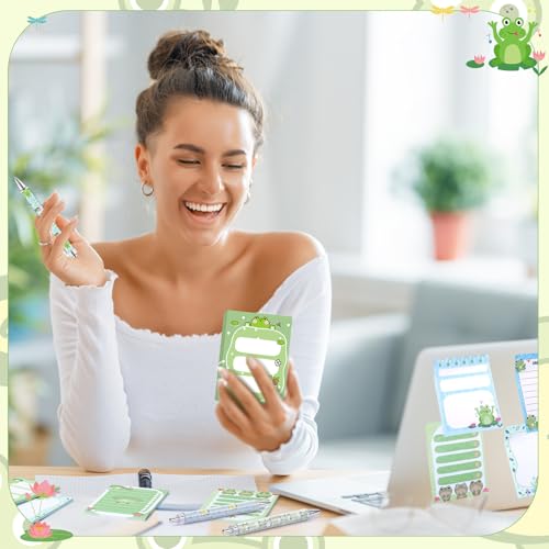 Dispowreath 24 Pcs Frog Sticky Notes with Pens Christmas Themed Gifts Notepad Cute Memo Notes Pads Self Adhesive Black Ink Ballpoint Pen for Frog Lover Gifts Office School Students Teacher Supplies - style: Frog