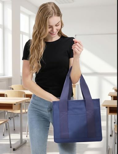 TeeYee 16oz Canvas Tote Bag Casual Multi Pocket Work Bag for Women - color: Navym, size: Medium