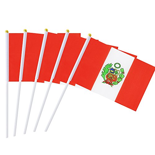 25 Pack Hand Held Small Mini Peru Peruvian Stick Flag Round Top National Country Flags,Party Decorations Supplies For Parades,World Cup,Festival Events,International Festival - color: Peru