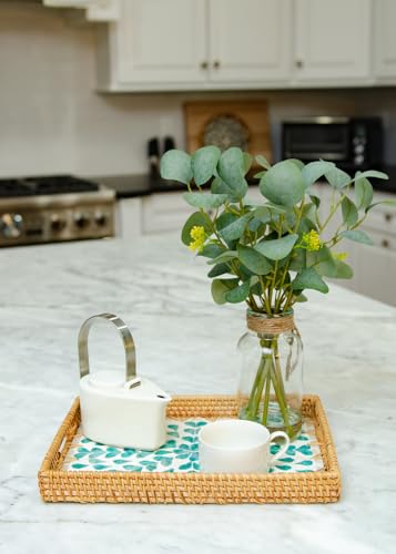 Magenta & Teal Decorative Rectangle Rattan Serving Tray 13x9 inch Mother of Pearl Inlay, Wicker Coffee Table Decor, Farmhouse (Teal Tan Flower) - color: Teal Tan Flower