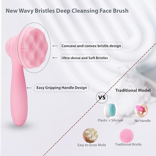 MtBoi 2 PC Silicone Facial Cleansing Brush Facial Scrubber Manual Exfoliating Facial Brush Face Cleanser Face Exfoliator Ultrafine Bristles for Sensitive Skin Easy to Clean Lather Well (Pink&Blue) - color: Pink&blue