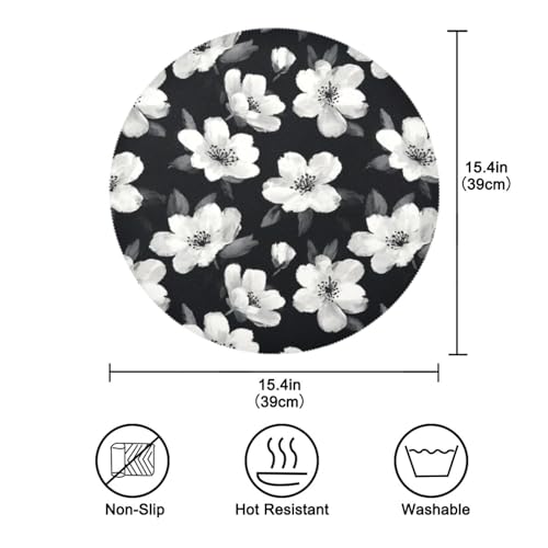 Black White Flowers Round Placemats Washable ‌Heat Resistant‌ ‌Non-Slip Place Mats Table Place Mat for Kitchen Dining - color: Black White Flowers, size: 15.4x15.4inx1