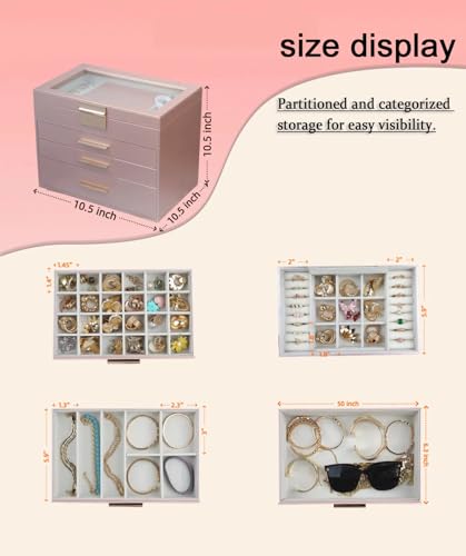 BOOVO Jewelry Boxes for Women, White and Black 6 Layer Large Jewelry Box for Necklace, Bracelet, Earrings, Rings Storage, Jewelry holder Organizer for Girls Gift (Rose gold, 4 layer) - color: Rose gold, size: 4 layer