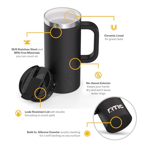 RTIC 16oz Road Trip Travel Mug with Lid and Handle, Ceramic Lined, Black - color: Black, size: 16 Ounces